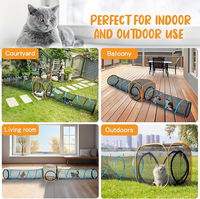 Cat Play Tunnel + Cube(with Three Ways) for Indoor and Outdoor, Cat Playpen, Play Enclosures, Collapsible Playhouse, Tunnel, Easy to Connect with Tent 2 Tunnels + Cube - Image 7