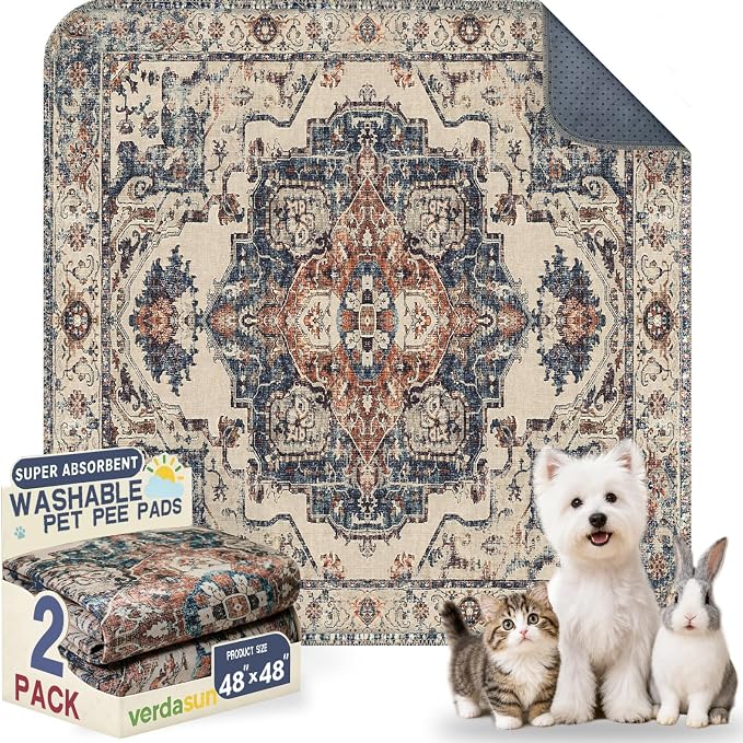Washable Pee Pads for Dogs, Reusable Puppy Potty Training Pads, Ultra-Absorbent Thick Waterproof Leak-Proof Non-Slip Pads & Mat for Crate, Playpen, Floor, Whelping & Housebreaking , 2 Pack 48"x48" by Verdasun
