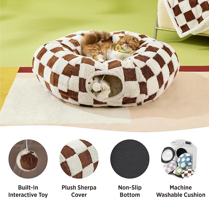Lesure Donut Cute Jacquard Large Cat Tunnel Bed Kitten Toys for Dog Bunny | 39.5x39.5x10in,Round Large Cat Bed Tube for Multi Kittens,Pet Peekaboo Cave Toy,Spiral Hideaway,Washable Cushion,Brown Checks - Image 3