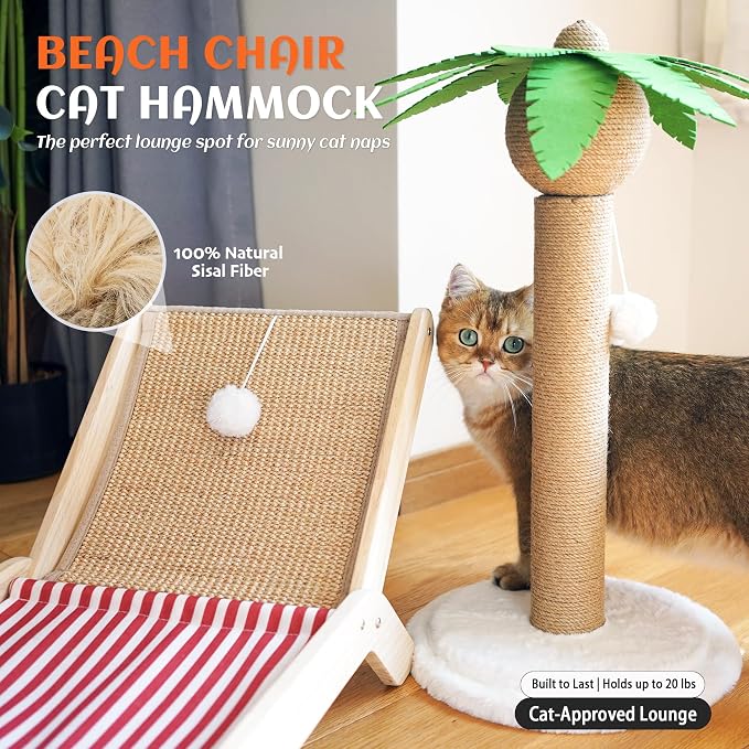 PETKARAY Beach Chair Cat Hammock, Elevated Cat Beds for Indoor Cats, Original Cozy Lounger with Sisal Scratcher and Toy Ball - Image 2