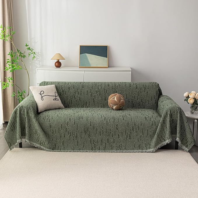 MYSKY HOME Boho Couch Cover Moss Green Sofa Covers with Tassel Farmhouse Sofa Slipcover Simple Couch Protector for Dogs Chenille Sectional Couch Covers L Shaped Couch Cushion Covers, 91"x 134" - Image 2