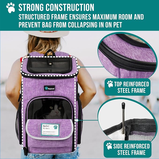 PetAmi Dog Backpack Carrier, Airline Approved 4-Way Entry Cat Backpack Carrier, Ventilated Mesh, Collapsible Pet Carrier for Small Puppy, Kitten, Hiking, Travel Car, Vet, up to 18 lbs, Purple - Image 6