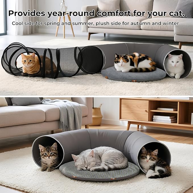COZIWOW Cat Tunnel Bed for Indoor Cats, 2-in-1 with Splicing Design | Dual Material Cushion & Hanging Toys, Adjustable & Foldable Shape, Cat Donut Cave for Kitten/Bunnies(Grey) - Image 2
