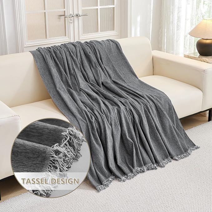 MYSKY HOME Boho Couch Cover Charcoal Gray Sofa Covers with Tassel Farmhouse Sofa Slipcover Simple Couch Protector for Dogs Chenille Sectional Couch Covers L Shaped Couch Cushion Covers, 91"x 134" - Image 4
