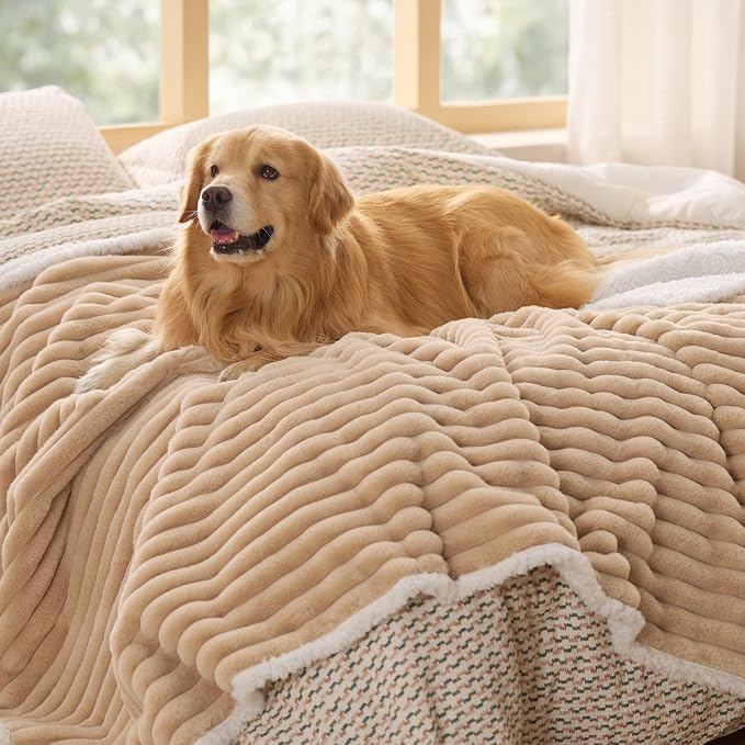 Bedsure ComfyFleece™ Waterproof Blanket for Bed, Twin（60"x80"） Tuscan Beige | Soft Plush Couch Bed Cover Corduroy Fleece for Furniture Protector, Cozy Calming Reversible Dog Blankets for Large Dogs Pet - Image 8