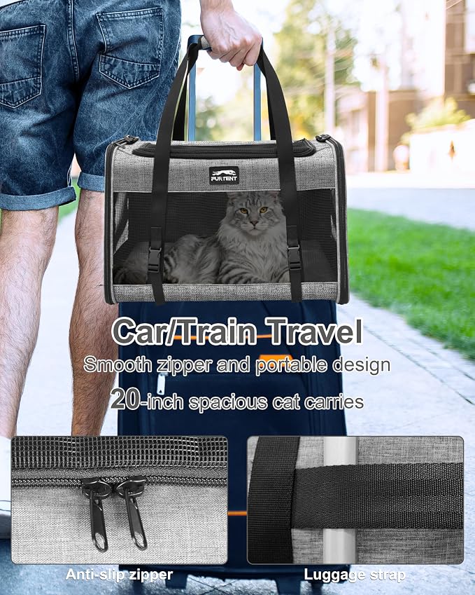 Soft-Sided Large Cat Carrier for 2 Cats, Spacious Foldable Pet Travel Carrier for Large Cats up to 25 Lbs, Double Cat Bag with Shoulder Strap, 20x13x13 Inch, Fits Maine Coon and Small Dogs, Grey | Spacious 20×13×13 in design with reinforced frame for o... - Image 5
