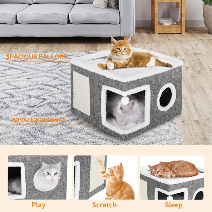 Cat Beds for Indoor Cats, Large Cat Cave with Fluffy Ball and Scratch Pad, Foldable Cat Scratch House with Hideaway Condo for Kitten, Grey - Image 6