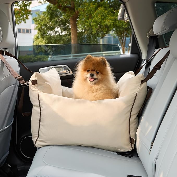 Lesure Dog Car Seat for Small Dogs,Booster Car Bed for Puppy Under 25lbs | Soft Pet Carseat with Clip-On Safety Leash and Thickened Memory Foam Filling,Dog Travel Carrier Bed with Storage Pocket,Beige - Image 9