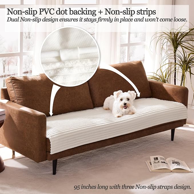 Dual Non-Slip Couch Cover for Dogs Waterproof, Fuzzy Soft Pet Couch Covers for Sofa 3 Cushion, Pet Friendly Soft Dog Bed Covers Sofa Cover Washable (White, 33" x 85" 1 Pack) - Image 2