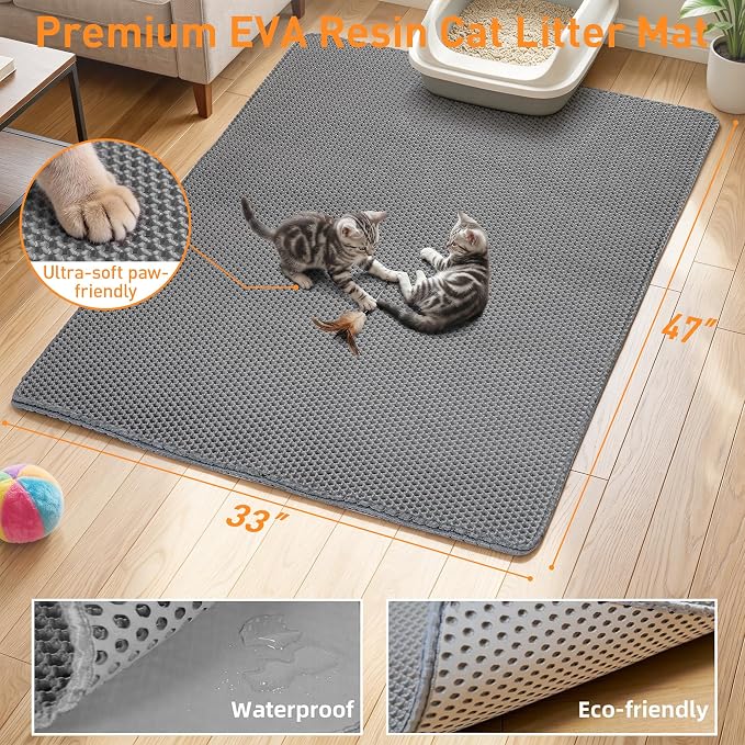 Cat Litter Mat 47"x33" Urine-Proof XL Litter Mat for Litter Box Mat | Large Double Layer Honeycomb Cat Mat, Soft kitty Cat Litter Trapping Mat, Easy Clean Rinse with Water Litter Trapping Grey - Image 2
