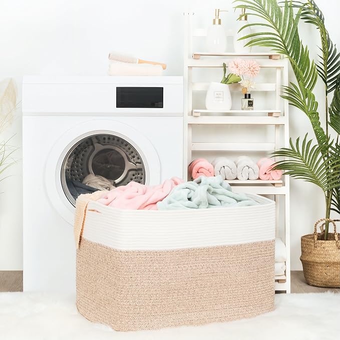 MINTWOOD Design 112L Extra Large Blanket Basket Holder Living Room, 25"x17"x16" Rectangle Rope Woven Storage Basket with Handles for Laundry, Pool Towels, Shoes, Dog Toy Organizer Bin Box, Light Brown - Image 3