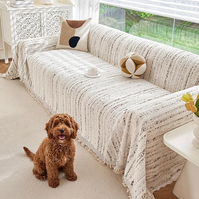 Couch Cover for Dogs Washable Sofa Cover, Sectional Couch Covers, Sofa Covers for 2 Cushion Couch, Non Slip Stripe Sofa Slipcovers Furniture Protector (Quicksand White 71x134) by Unknown