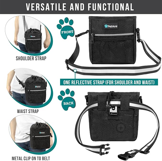 PetAmi Dog Treat Pouch, Pet Treat Pouch for Training, Dog Walking Bag Holder for Kibbles, Pet Food Toy, Dog Trainer Essentials Supplies, Poop Bag Dispenser, 3 Ways to Wear (Black) - Image 4
