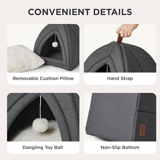 Bedsure 2in1 Cat Beds for Indoor Cats Cave for Kitten with Washable Pillow | 16in, Cat House Enclosed, Covered Cat Tent, Foldable Hideaway, Fluffy Ball, Anti Slip Bottom, Removable Cushioned ,Dark Grey - Image 4