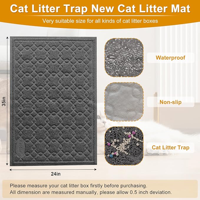 Cat Litter Box Mat, 35" x 24" Large Kitty Litter Trapping Mat Keep Floor Clean, Litter Box Mat Scatter Control, Waterproof, Easy to Clean, Durable Large Size Litter Mats for Floor - Image 2