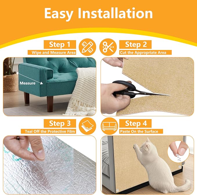 Cat Scratch Pad for Wall, Scratch Furniture Protector(78.7”×15.8”) | Cuttable and Adhesive Cat Scratching Mat, Fun Interactive Scratcher (Khaki) - Image 6