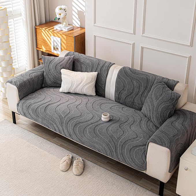 Couch Cover for Dogs, Velvet Fleece Non-Slip Sofa Covers Washable | Sofa Slipcovers for 3 Cushion Couch, Furniture Protector for Pet, L Shaped Sectional Couch Cover Wavy Grey, 36"X83" (1 Pcs) - Image 6