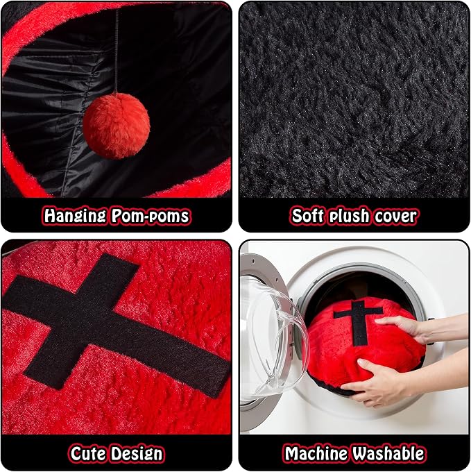 Gothic Coffin Tunnel Cat Bed, Washable, Fits Cat up to 25 lbs | Two-way tunnel design. Size: 10"x33.5". Black & Red. Includes soft washable cushion. Also for small rabbits indoor. - Image 2