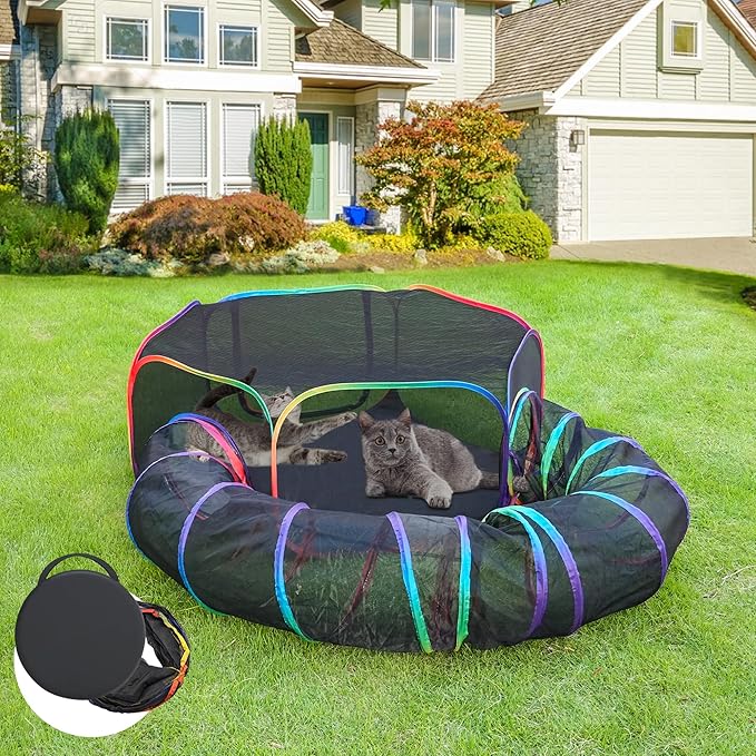 Outdoor Cat Enclosure, 2-in-1 Pop-up Portable Catio Playground | Foldable Cat Playpen with Tent & Tunnel, Breathable Mesh, Waterproof Bottom, Carry Bag, Outside and Indoor Use for Small Pets by PLITTPETTS