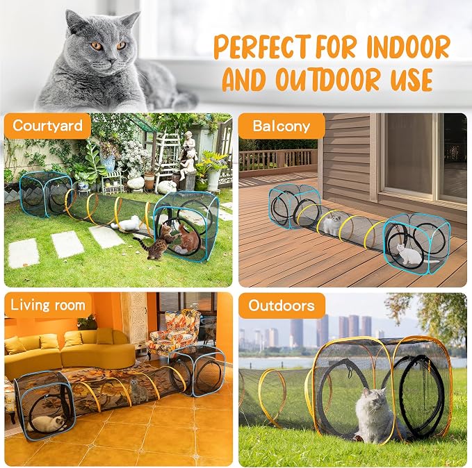 Cat Play Tunnel + Cube(with Three Ways) for Indoor and Outdoor, Cat Playpen, Play Enclosures, Collapsible Cube, Tunnel, Easy to Connect with Tent 2 Cubes + Run Tunnel - Image 3