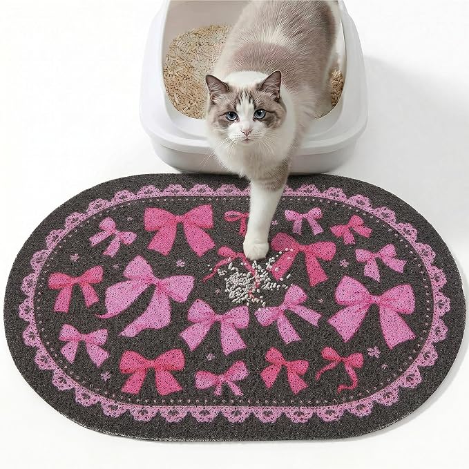 Bienbee Cat Litter Mat, 24" x 15" Litter Box Mat Rug with Non-Slip Bottom,Urine and Water Proof, Easy to Clean Cat Supplies Essentials for Indoor Kitty Kitten Floor, Pink Bow M by Bienbee