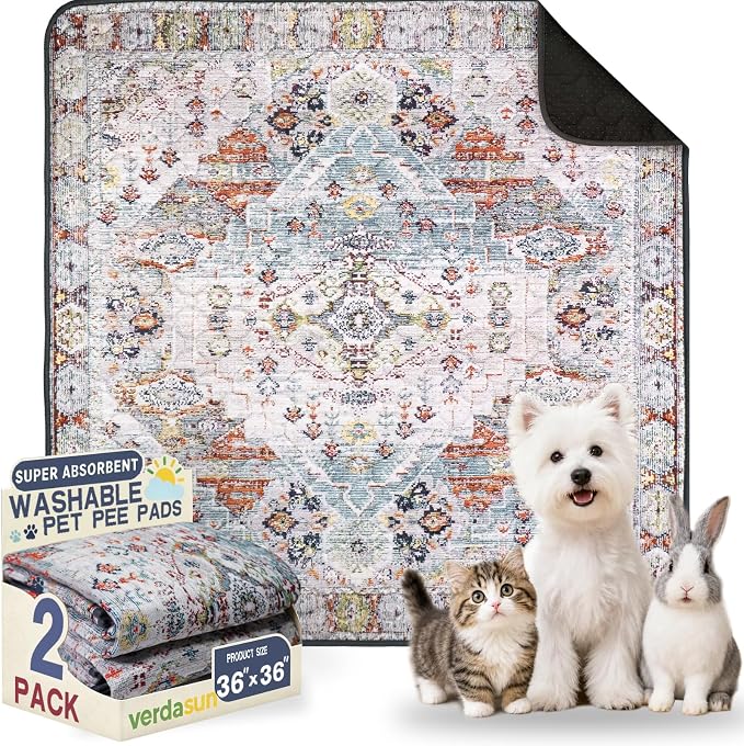 Washable Pee Pads for Dogs, Reusable Puppy Potty Training Pads, Ultra-Absorbent Thick Waterproof Leak-Proof Non-Slip Pads & Mat for Crate, Playpen, Floor, Whelping & Housebreaking , 2 Pack 36"x36" by Verdasun