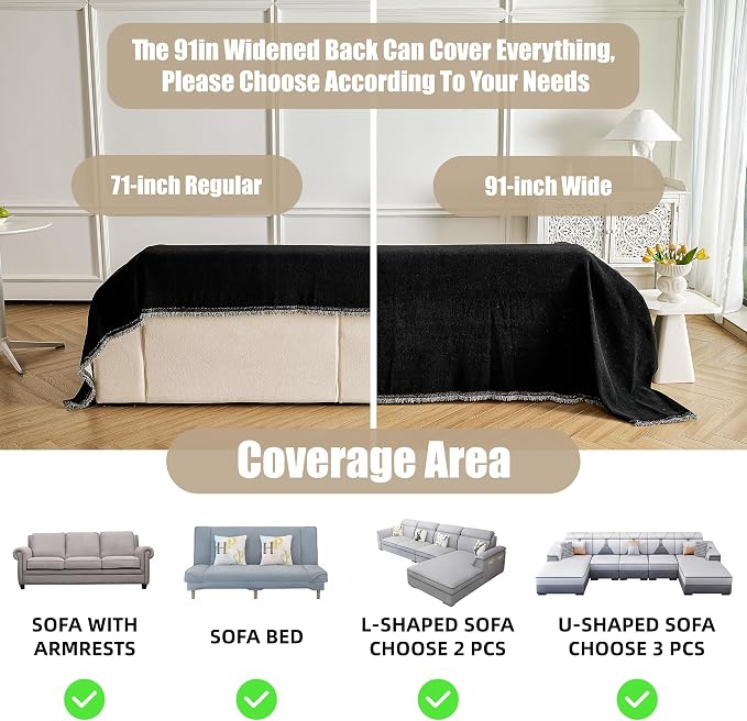 Couch Cover for Dogs Washable Sofa Cover, Sectional Couch Covers, Sofa Covers for 2 Cushion Couch, Non Slip Stripe Sofa Slipcovers Furniture Protector (Black 91x118) - Image 3