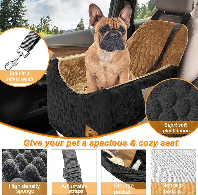 Dog Car Seat for Small/Medium Dogs, Memory Foam Dog Booster Seat, Travel Safety Per Car Seat with Washable Removable Cover, Storage Pockets for Dogs up to 35 lbs(BlackBrown) - Image 3