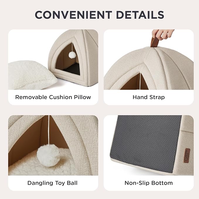 Bedsure 2in1 Cat Beds for Indoor Cats Cave for Kitten with Washable Pillow | 17.3in, Cat House for Small Dog, Covered Cat Tent, Foldable Hideaway, Fluffy Ball, Anti Slip Bottom,Removable Cushioned,Beige - Image 4