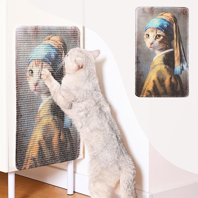 Sisal Cat Scratcher Post Mat (Use on Wall, Couch and Carpet), Shedding-Resistant Scratching Surface - 21.7x13 with Hoop and Loop Adhesives, Pads and Twist Pins (Cat with A Pearl Earring) by ABetterLifewithPets