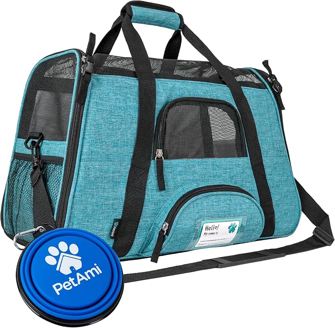 PetAmi Airline Approved Pet Carrier for Cats Small Dogs, Small Heather Blue | Soft Sided TSA Travel Bag, Sherpa Bed, Breathable Mesh Ventilation, Collapsible Bowl, Fits Under Seat, Up to 18 lbs by PetAmi