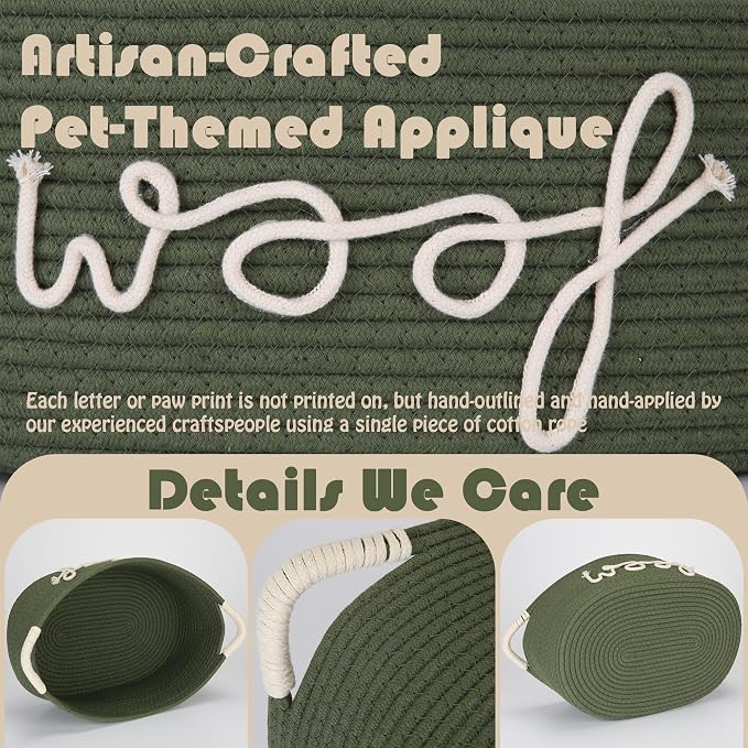 Sea Team Dog Toy Storage Basket with Handles, Green Woof | Large Cotton Rope Storage Bin, Shelf Basket, Organizer for Pet Chew Toys, Foods, 16.5 x 11 x 7 Inches, 4.4 Gallons - Image 5
