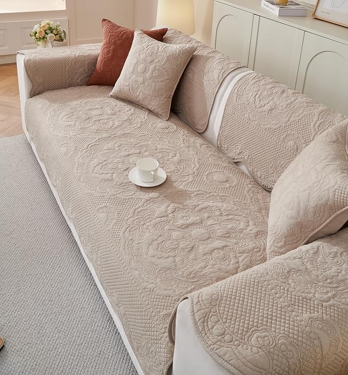 vctops Boho Cotton Quilted Couch Cover Soft Embroidered Sofa Cover Non-Slip Dog Bed Cover Scalloped Sofa Slipcover Washable Furniture Protector Cover (Khaki,28"x82") - Image 4