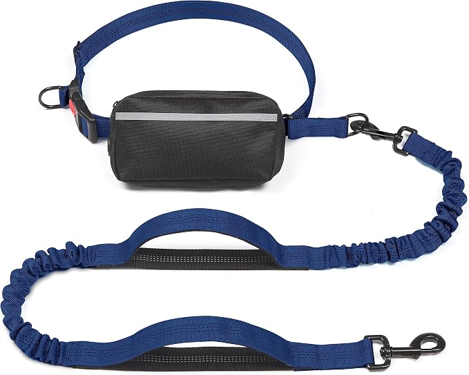 Hands Free Dog Leash with Zipper Pouch, Large, 25-120LB, True Navy | Waist Leash, Dual Padded Handles, Shock-Absorbing Bungee, Adjustable Waist Belt, Walking and Running by iYoShop