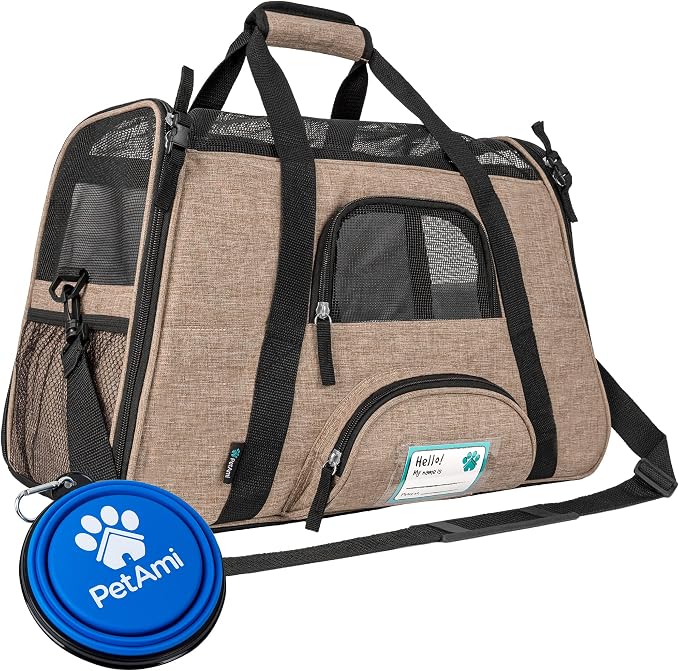 PetAmi Airline Approved Pet Carrier Cats & Small Dogs, Large Heather Taupe | Soft Sided TSA Travel Bag, Sherpa Bed, Breathable Mesh Ventilation, Collapsible Bowl, Fits Under Seat, Up to 18 lbs by PetAmi
