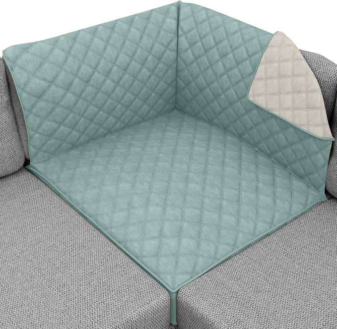 Sofa Shield® Couch Sectional Corner Slip Cover with Strap, Seafoam Cream | Reversible Furniture Protector, Stain and Tear Resistant Cushion Cover, Machine Washable Slipcover for Pets, Cats 70 inch by SofaShield