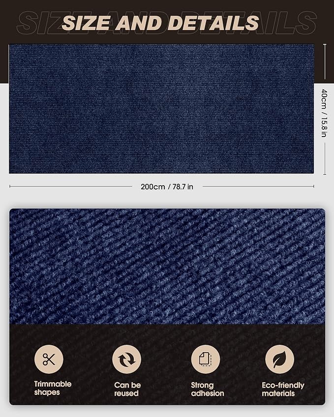 VIVOYAN 78.7"x15.8" Cat Scratch Mat,Trimmable Self-Adhesive Carpet,DIY Climb Cat Scratcher for Cat Couch Furniture or Wall Protector,Covering Cat Tower,and Replacement Pads (Dark Blue) - Image 2