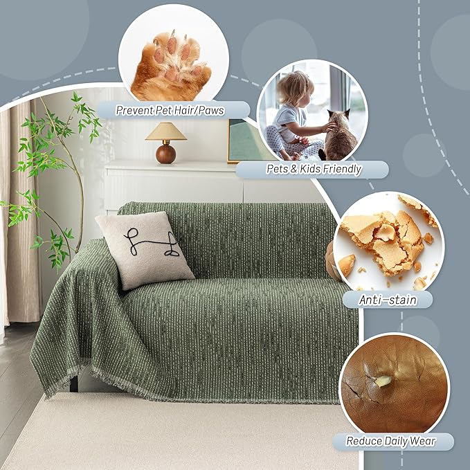 MYSKY HOME Boho Couch Cover Moss Green Sofa Covers with Tassel Farmhouse Sofa Slipcover Simple Couch Protector for Dogs Chenille Sectional Couch Covers L Shaped Couch Cushion Covers, 71"x 134" - Image 3