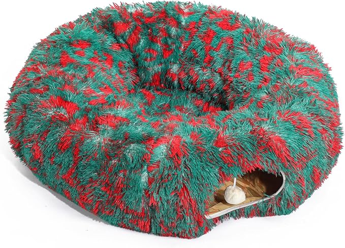 Warm Fluffy Plush Cat Tunnel Bed Under Christmas Tree Big Tube Playground Toys 3 FT Diameter Longer Crinkle Collapsible 3 Way, for Indoor Cat Kitty Kitten Puppy Rabbit Ferret Green-Red by MAKEPETLUCKY-WelcometoCatTunnelClub