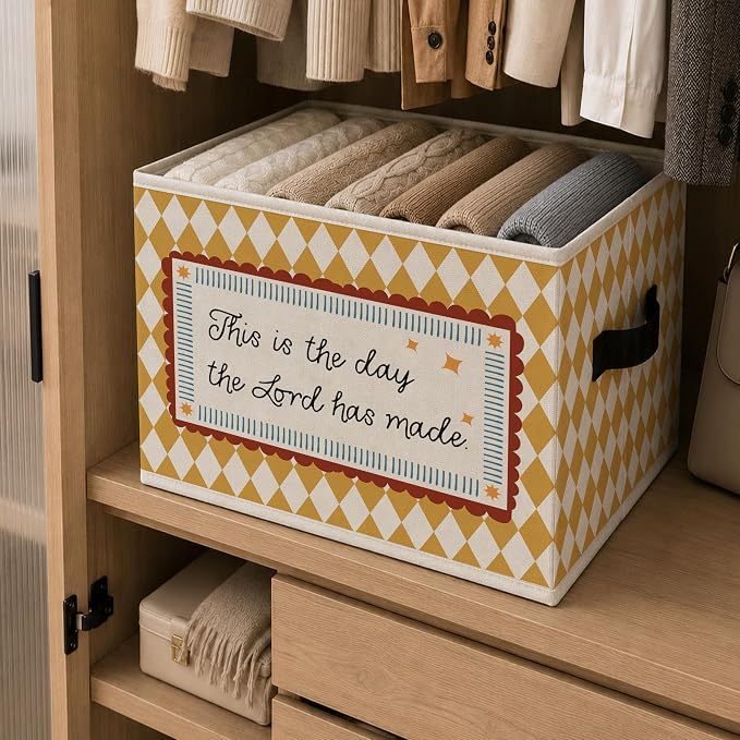 Christian Warm Storage Bins Box, Farmhouse Collapsible Organizer Basket | religious faith storage box basket for books clothes, cream gingham organizer for nursery bedroom playroom, 10x14 in - Image 6