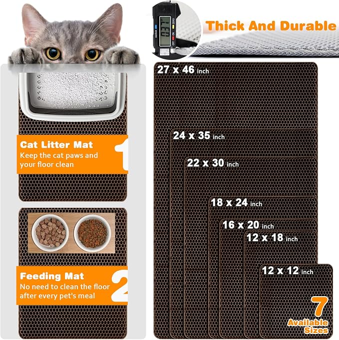 Cat Litter Mat 12"x18",Double Layer EVA litterbox Mat, Brown | Waterproof honeycomb large grid, urine-proof and odor-free. Traps litter, easy cleanup,Washable, non-slip backing - Image 2