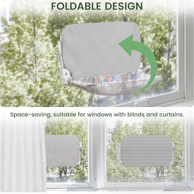 HiPetpy 2-Pack Large Cat Window Perch, Cordless Foldable Cat Hammock | Glow in the dark fabric, removable soft cover, breathable mesh, suction cups, large window cat bed for indoor cats - Image 5