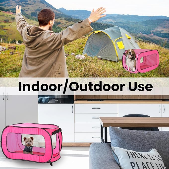 Portable Collapsible Pop Up Kennel, 32.5" L x 19.5" W x 19.5" H, Fuchsia | Collapsible indoor/outdoor travel cat and dog crate with mesh screen windows pops up and folds flat for easy storage - Image 6
