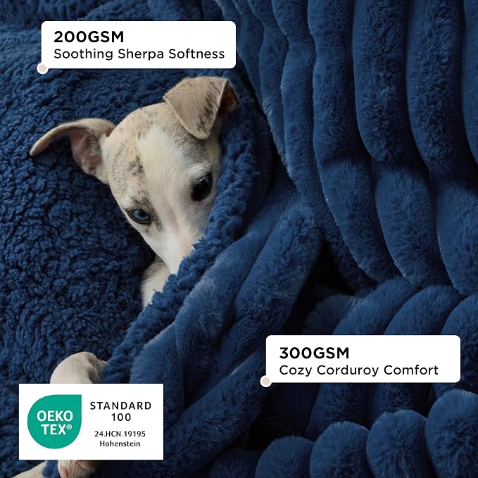 Bedsure ComfyFleece™ Waterproof Dog Blankets for Large Dogs,40x50 | Soft Plush Couch Cover,Washable Corduroy Fleece for Furniture Protector,Cozy Calming Reversible Pet Blanket, Navy Blue - Image 2