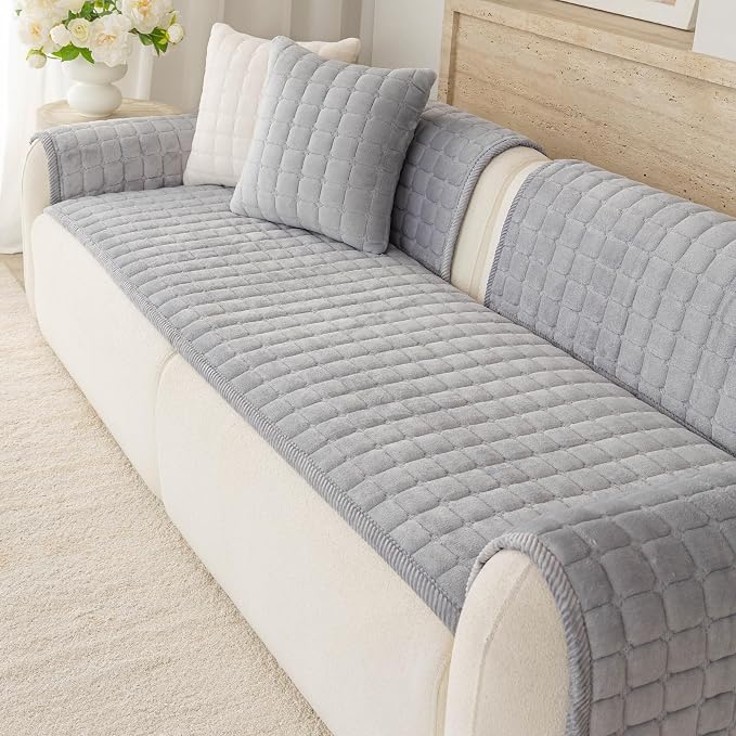 Velvet Washable Couch Cover for Dog,L Shape Sofa Cover for Pets. | 27.6"x59.1",Light Grey,Sectional Couch Cover,Soft Velvet,Non-Slip,Furniture Protector,quilted - Image 6