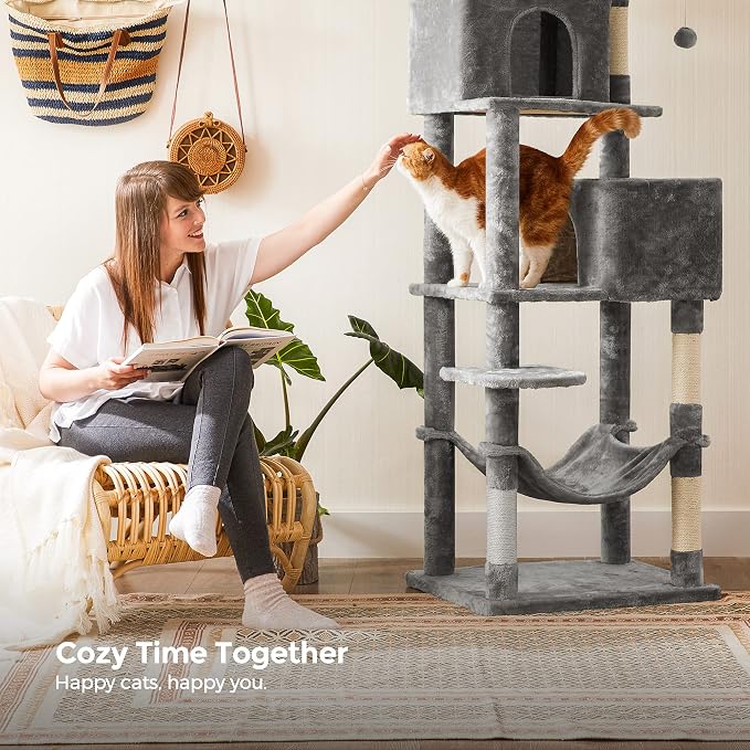 Feandrea Cat Tree, 73.2-Inch Cat Tower, Multi-Level Condo, Light Gray | with 5 Scratching Posts, 2 Perches, 2 Caves, Hammock, 2 Pompoms for Indoor Cats, Easy to Assemble, UPCT191W01 - Image 4