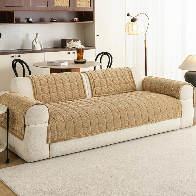 Couch Covers for Sectional Sofa, L Shaped Modular Couch Cover | 35”x94” Light Brown Velvet Non Slip Sofa Covers Washable for 4 Cushion Sofa, Couch Protect Against Pet Hair, Scratches Stains - Image 2
