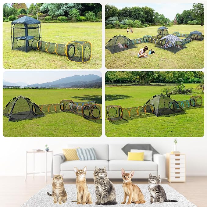 Cat Play Tunnel + Cube(with Three Ways) for Indoor and Outdoor, Cat Playpen, Play Enclosures, Collapsible Cube, Tunnel, Easy to Connect with Tent 2 Cubes + Run Tunnel - Image 8
