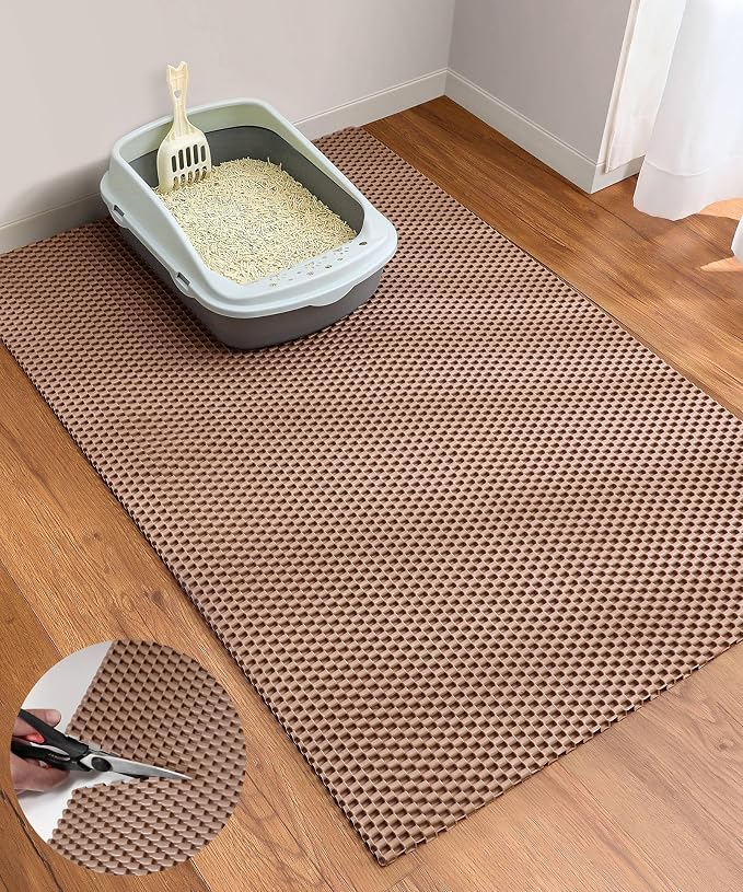 Cooyes Cat Litter Mat - Cut to Fit Any Place, 47"x35" Extra Large Litter Trapping Mat for Litter Box, Easy to Clean, Waterproof & Non-Slip Kitty Pad, Scatter Control to Protect the Floor (Khaki) by Cooyes
