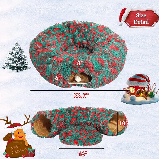 Warm Fluffy Plush Cat Tunnel Bed Under Christmas Tree Big Tube Playground Toys 3 FT Diameter Longer Crinkle Collapsible 3 Way, for Indoor Cat Kitty Kitten Puppy Rabbit Ferret Green-Red - Image 3